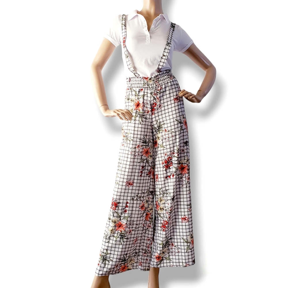 Common Crush Floral Windowpane High Waist, Wide Leg,  Criss Cross Overall Pants